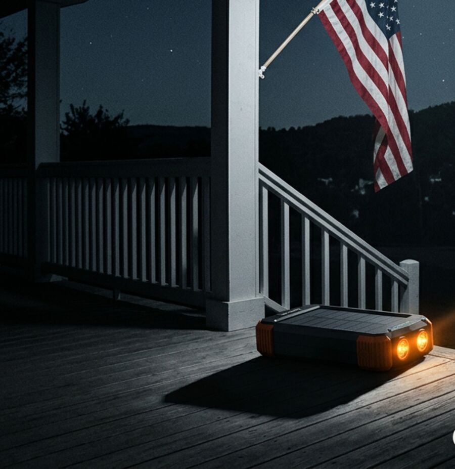 OSTNER power bank lighting a front porch during a neighbourhood blackout