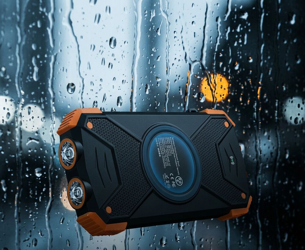 Back of the OSTNER power bank showing the Qi pad and dual LED flashlights