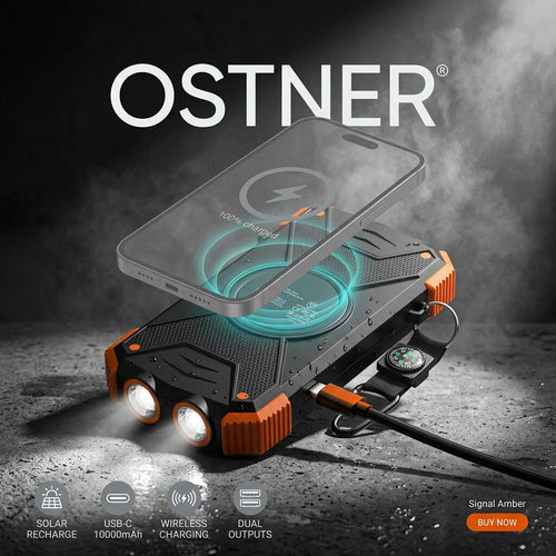 OSTNER Emergency Solar Power Bank charging a phone on its Qi wireless pad, with solar recharge, USB-C 10000mAh and dual output icons