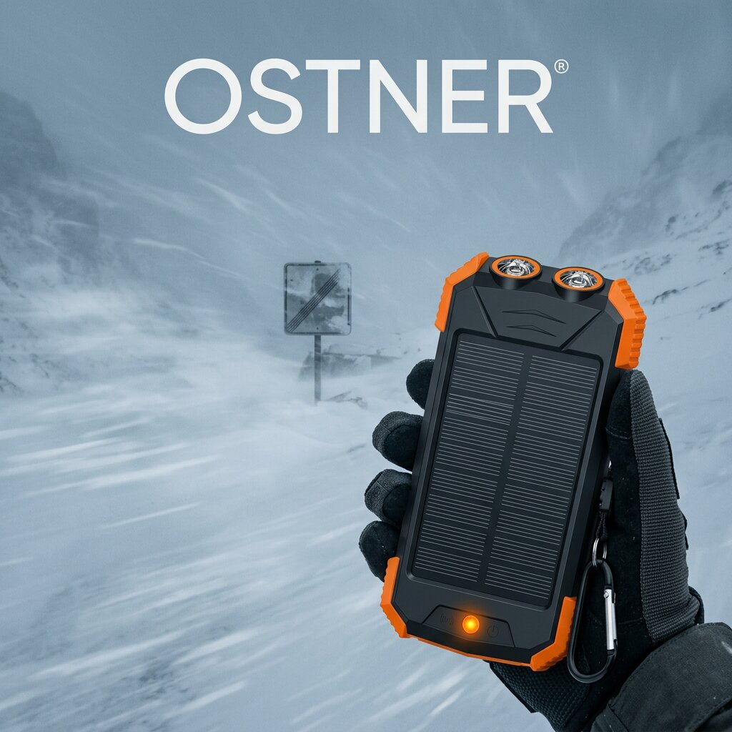 Gloved hand holding the OSTNER solar power bank in a snowstorm, showing the solar panel face and carabiner