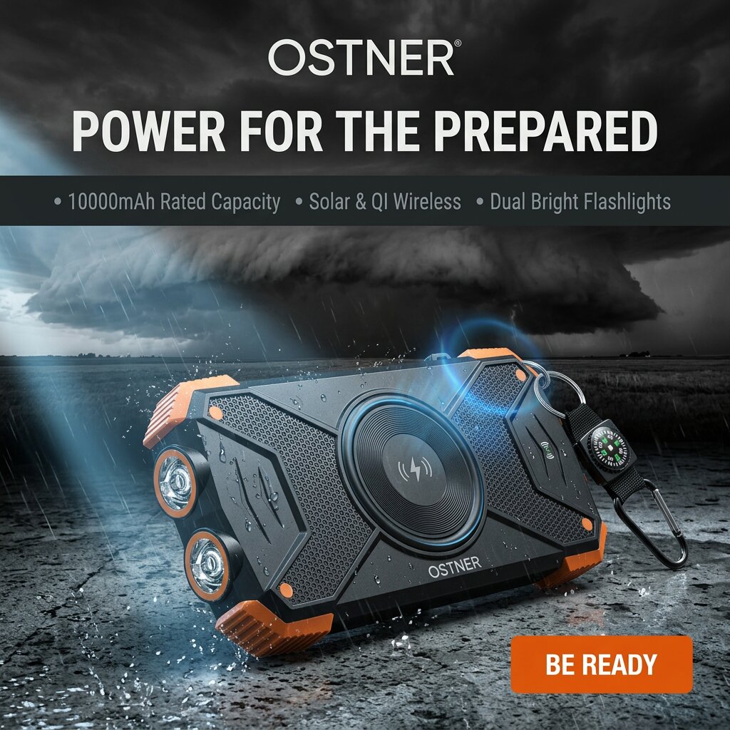 OSTNER power bank in front of an approaching storm front, captioned Power For The Prepared