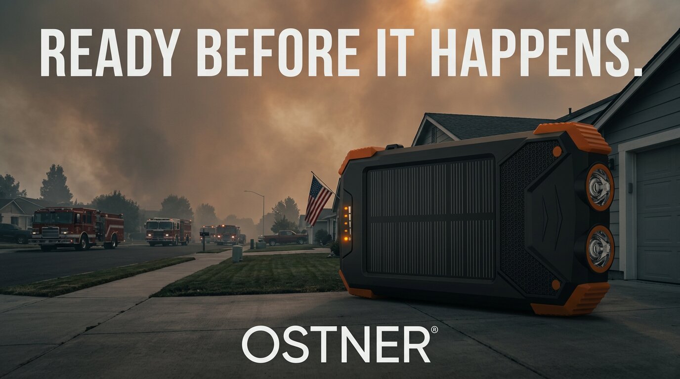 OSTNER power bank on a driveway as fire crews respond to a wildfire, captioned Ready Before It Happens