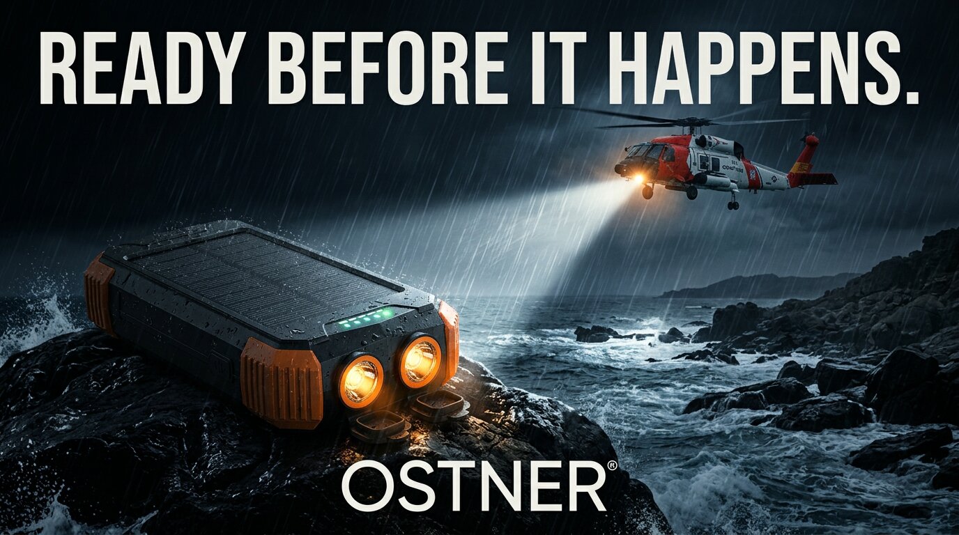 OSTNER power bank with both flashlights lit on coastal rocks during a night rescue operation