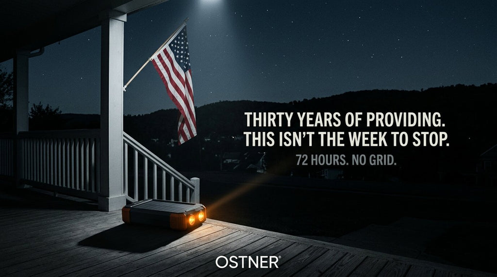 OSTNER power bank lighting a front porch during a neighbourhood blackout