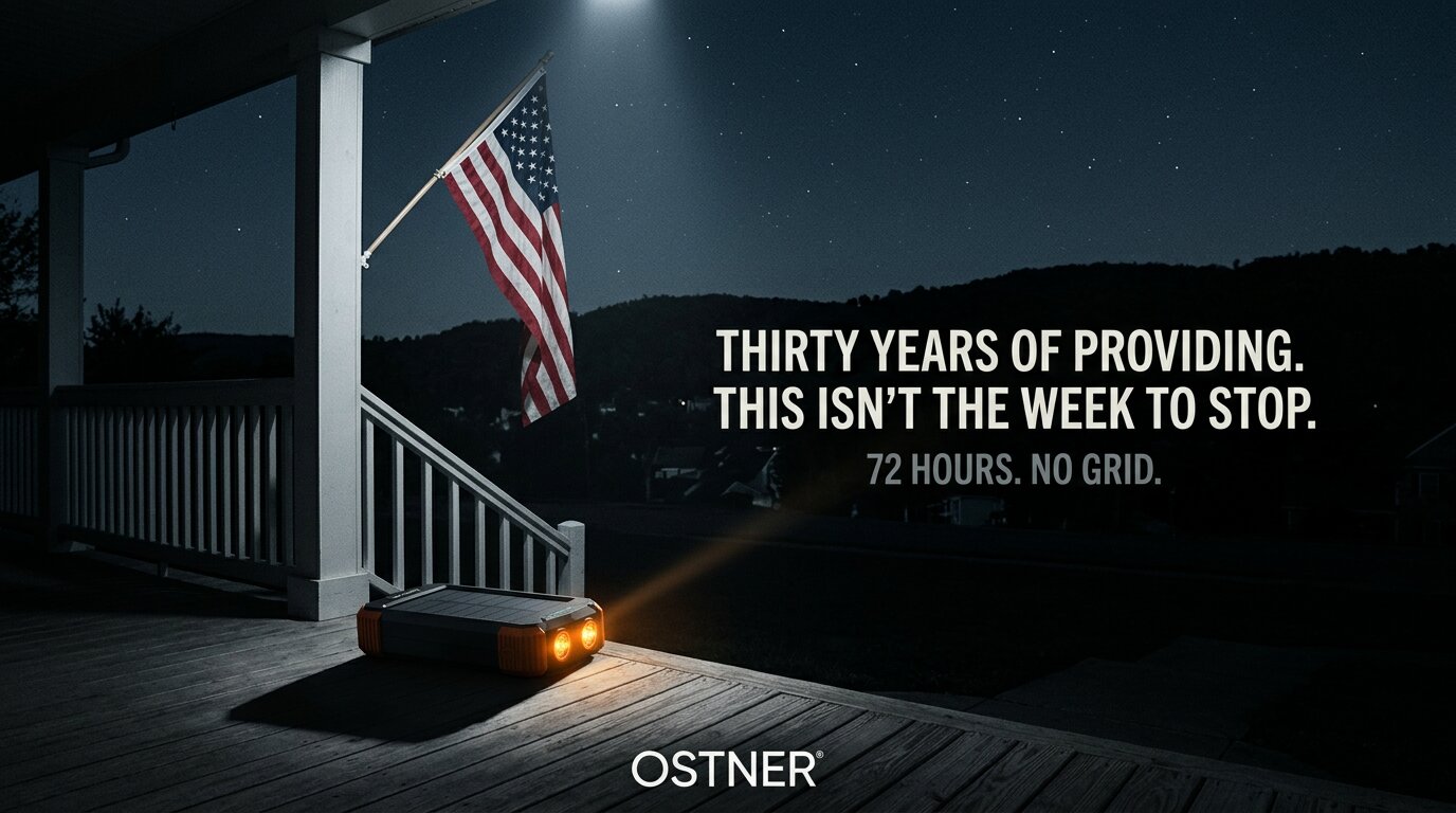 OSTNER power bank lighting a front porch during a neighbourhood blackout