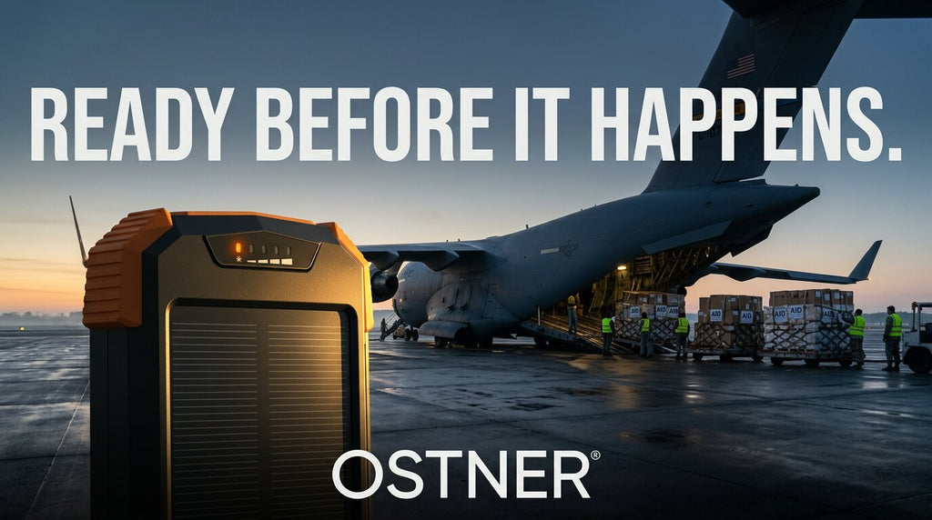 OSTNER power bank on an airfield as relief supplies are loaded onto a transport aircraft