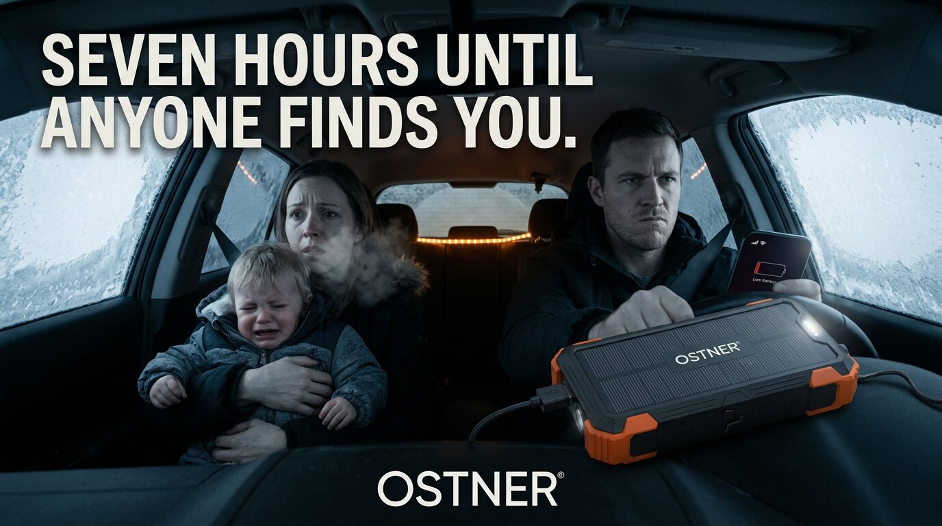 Family stranded in a car in a snowstorm using the OSTNER power bank to charge a phone