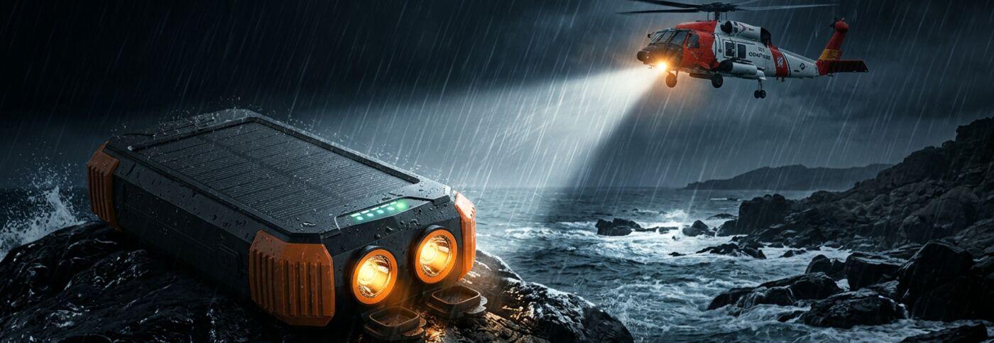 OSTNER power bank with both flashlights lit on coastal rocks during a night rescue